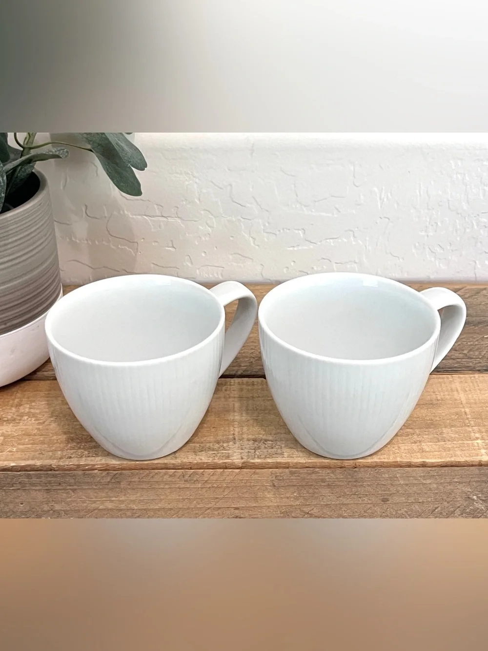 Crate & Barrel White Porcelain Ribbed Mugs - Set of 2